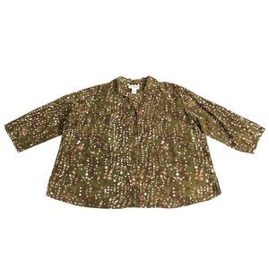 Serengeti Top Women 1X Green Brown Abstract Button Up Cotton Split Neck Roll Tab